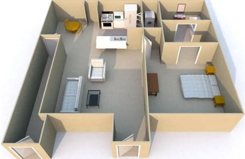 Floor plan for 1 bed, 1 bath, 734 sqft